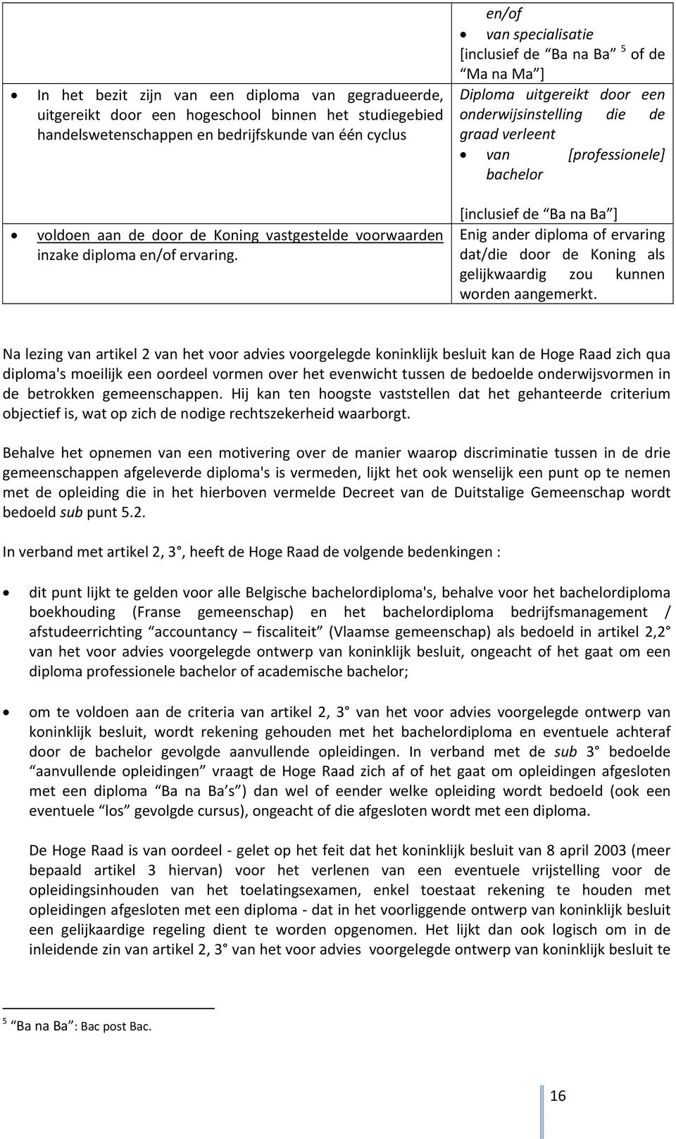 en/of van specialisatie [inclusief de Ba na Ba 5 of de Ma na Ma ] Diploma uitgereikt door een onderwijsinstelling die de graad verleent van [professionele] bachelor [inclusief de Ba na Ba ] Enig