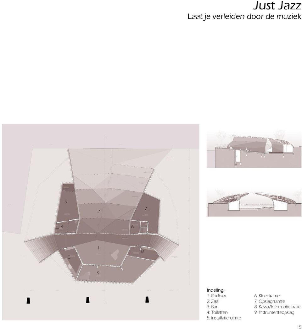 Opslagruimte 3: Bar 8: Kassa/Informatie balie 4: