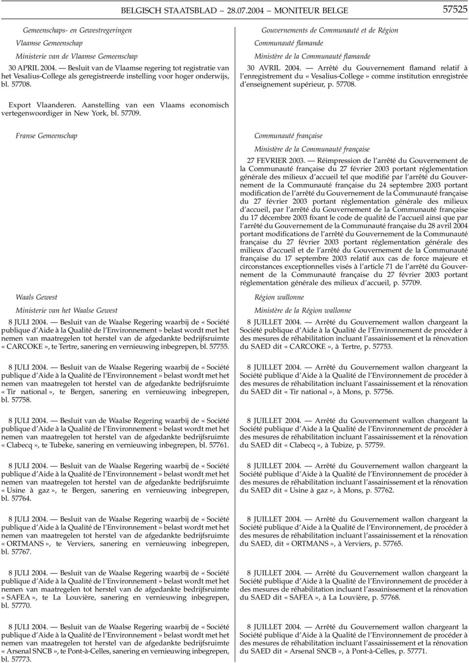 Gouvernements de Communauté et de Région Communauté flamande Ministère de la Communauté flamande 30 AVRIL 2004.