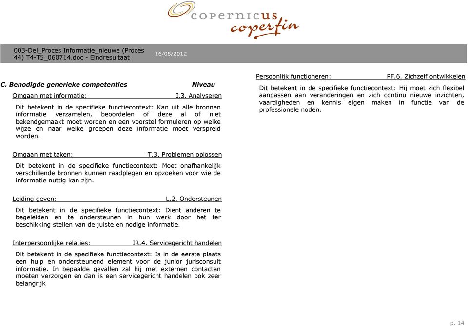 en naar welke groepen deze informatie moet verspreid worden. Persoonlijk functioneren: PF.6.