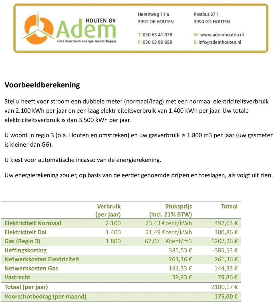 U kiest voor automatische incasso van de energierekening. Uw energierekening zou er, op basis van de eerder genoemde prijzen en toeslagen, als volgt uit zien.