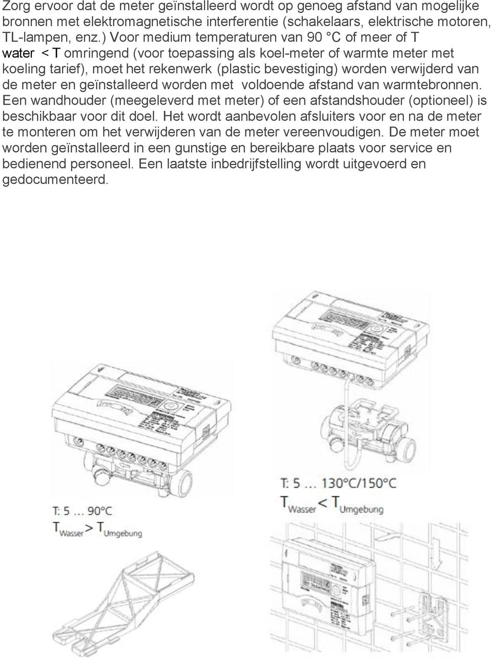 van de meter en geïnstalleerd worden met voldoende afstand van warmtebronnen. Een wandhouder (meegeleverd met meter) of een afstandshouder (optioneel) is beschikbaar voor dit doel.