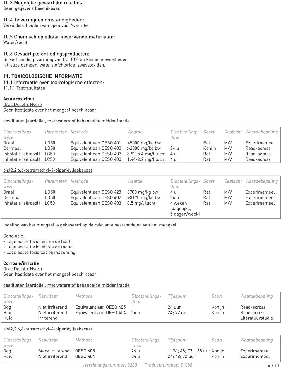 1 Informatie over toxicologische effecten: 11.1.1 Testresultaten Acute toxiciteit Blootstellings- Parameter Methode Waarde Blootstellings- Soort Geslacht Waardebepaling Oraal LD50 Equivalent aan OESO