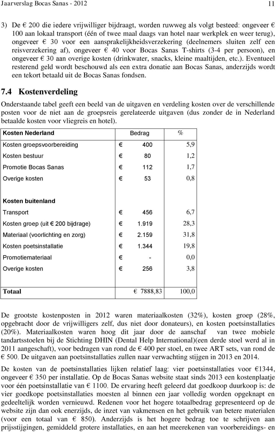 kosten (drinkwater, snacks, kleine maaltijden, etc.). Eventueel resterend geld wordt beschouwd als een extra donatie aan Bocas Sanas, anderzijds wordt een tekort betaald uit de Bocas Sanas fondsen. 7.