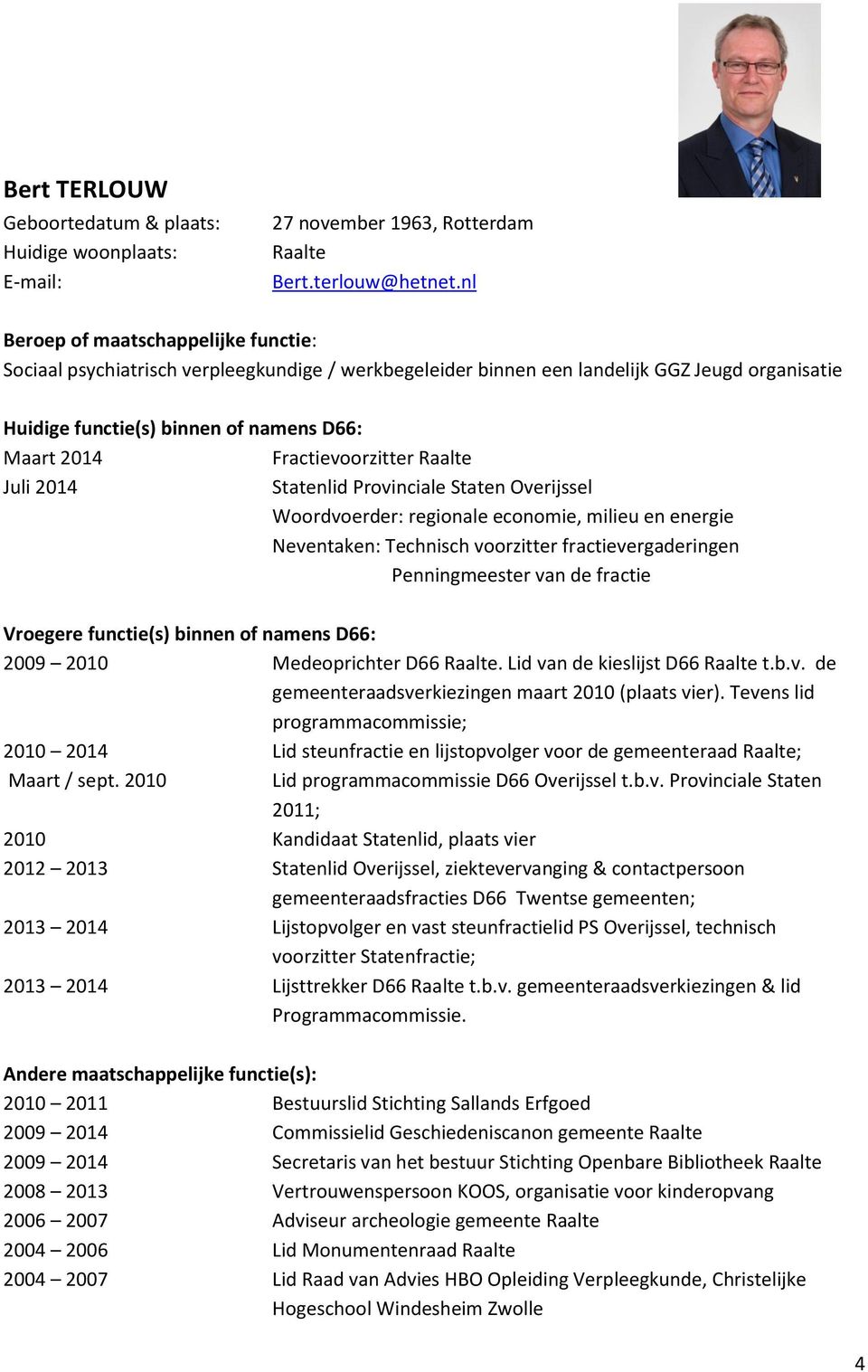 Fractievoorzitter Raalte Juli 2014 Statenlid Provinciale Staten Overijssel Woordvoerder: regionale economie, milieu en energie Neventaken: Technisch voorzitter fractievergaderingen Penningmeester van