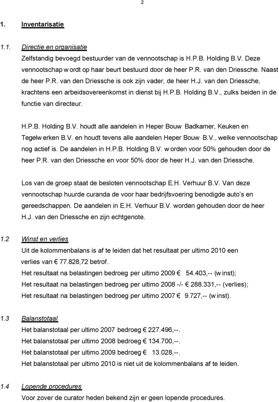 , zulks beiden in de functie van directeur. H.P.B. Holding B.V. houdt alle aandelen in Heper Bouw Badkamer, Keuken en Tegelw erken B.V. en houdt tevens alle aandelen Heper Bouw B.V., welke vennootschap nog actief is.