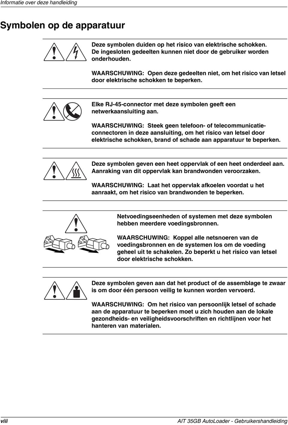 WAARSCHUWING: Steek geen telefoon- of telecommunicatieconnectoren in deze aansluiting, om het risico van letsel door elektrische schokken, brand of schade aan apparatuur te beperken.