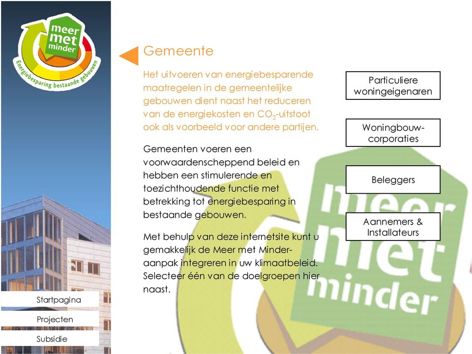 Gemeenten voeren een voorwaardenscheppend beleid en hebben een stimulerende en toezichthoudende functie met betrekking tot energiebesparing in