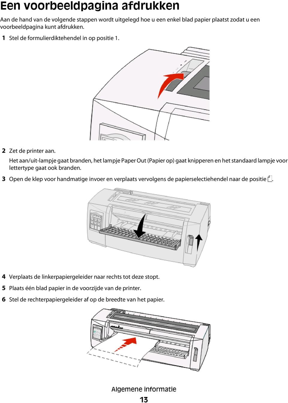 Het aan/uit-lampje gaat branden, het lampje Paper Out (Papier op) gaat knipperen en het standaard lampje voor lettertype gaat ook branden.