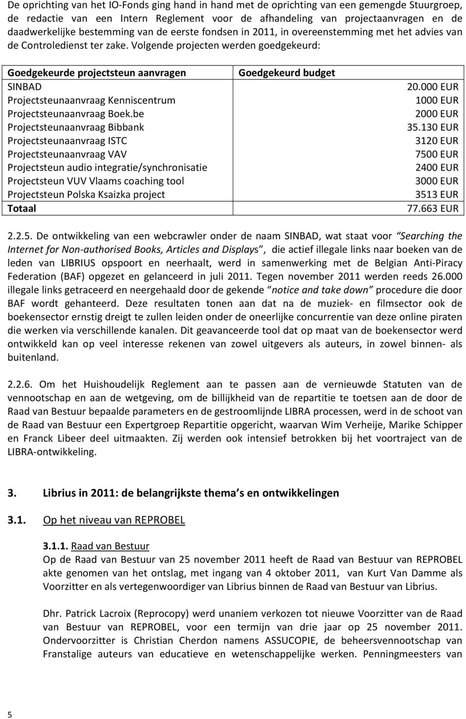 Volgende projecten werden goedgekeurd: Goedgekeurde projectsteun aanvragen SINBAD Projectsteunaanvraag Kenniscentrum Projectsteunaanvraag Boek.