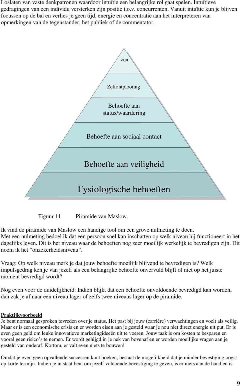 zijn Zelfontplooiing Behoefte aan status/waardering Behoefte aan sociaal contact Behoefte aan veiligheid Fysiologische behoeften Figuur 11 Piramide van Maslow.