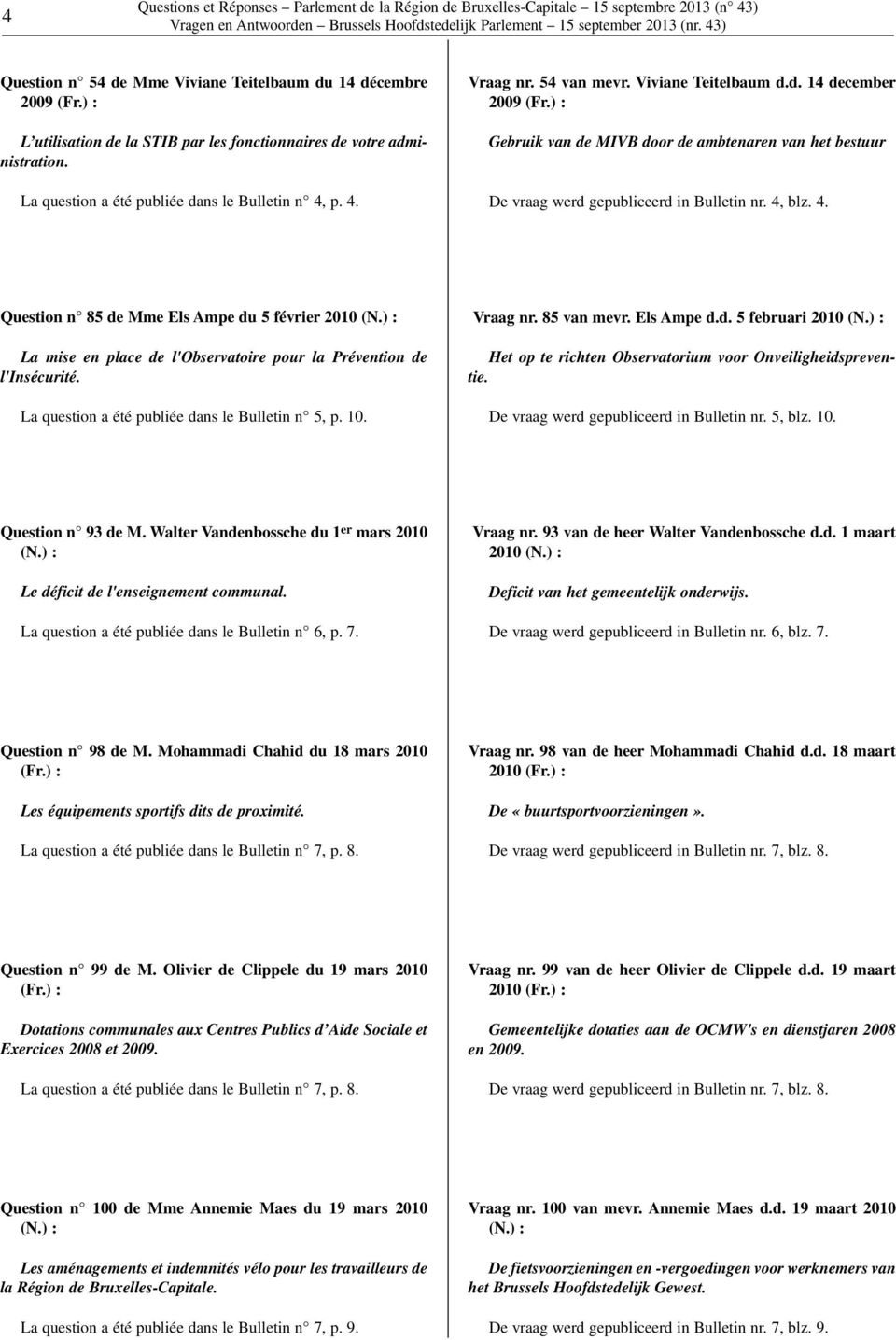 4, blz. 4. Question n 85 de Mme Els Ampe du 5 février 2010 (N.) : La mise en place de l'observatoire pour la Prévention de l'insécurité. La question a été publiée dans le Bulletin n 5, p. 10.