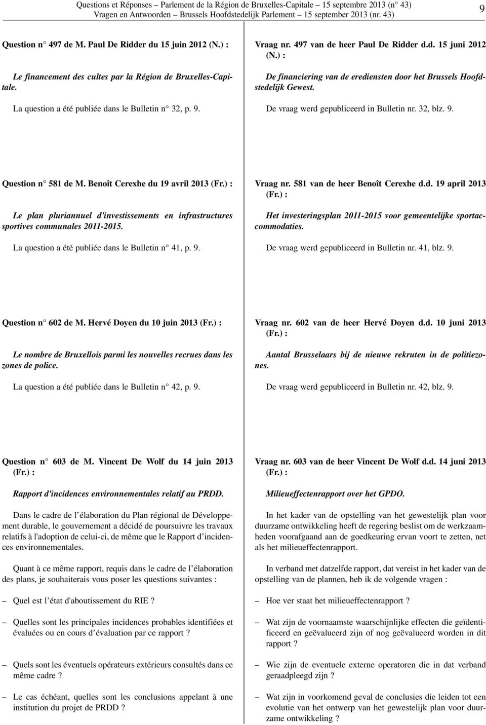 ) : De financiering van de erediensten door het Brussels Hoofdstedelijk Gewest. De vraag werd gepubliceerd in Bulletin nr. 32, blz. 9. Question n 581 de M.