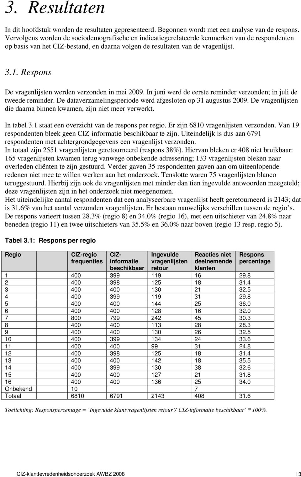 Respons De vragenlijsten werden verzonden in mei 2009. In juni werd de eerste reminder verzonden; in juli de tweede reminder. De dataverzamelingsperiode werd afgesloten op 31 augustus 2009.