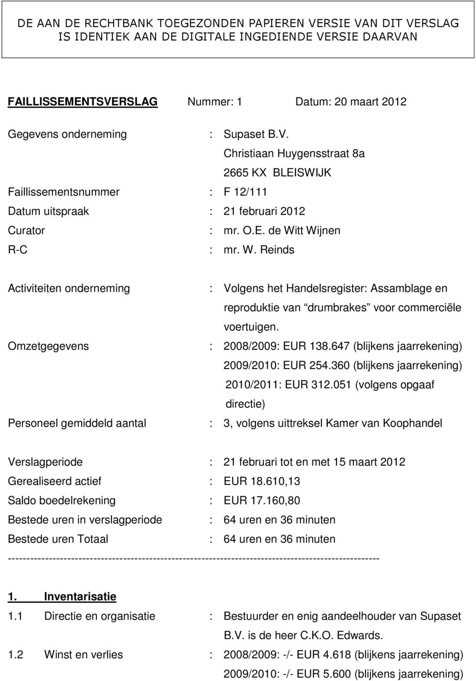 tt Wijnen R-C : mr. W. Reinds Activiteiten onderneming Omzetgegevens Personeel gemiddeld aantal : Volgens het Handelsregister: Assamblage en reproduktie van drumbrakes voor commerciële voertuigen.