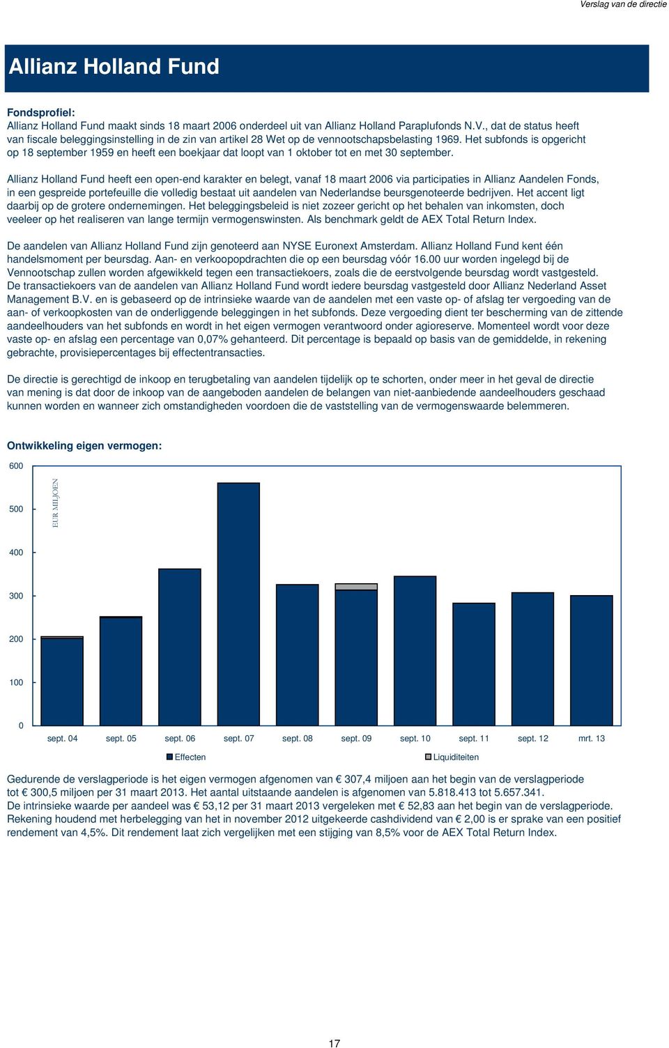 Allianz Holland Fund heeft een open-end karakter en belegt, vanaf 18 maart 2006 via participaties in Allianz Aandelen Fonds, in een gespreide portefeuille die volledig bestaat uit aandelen van