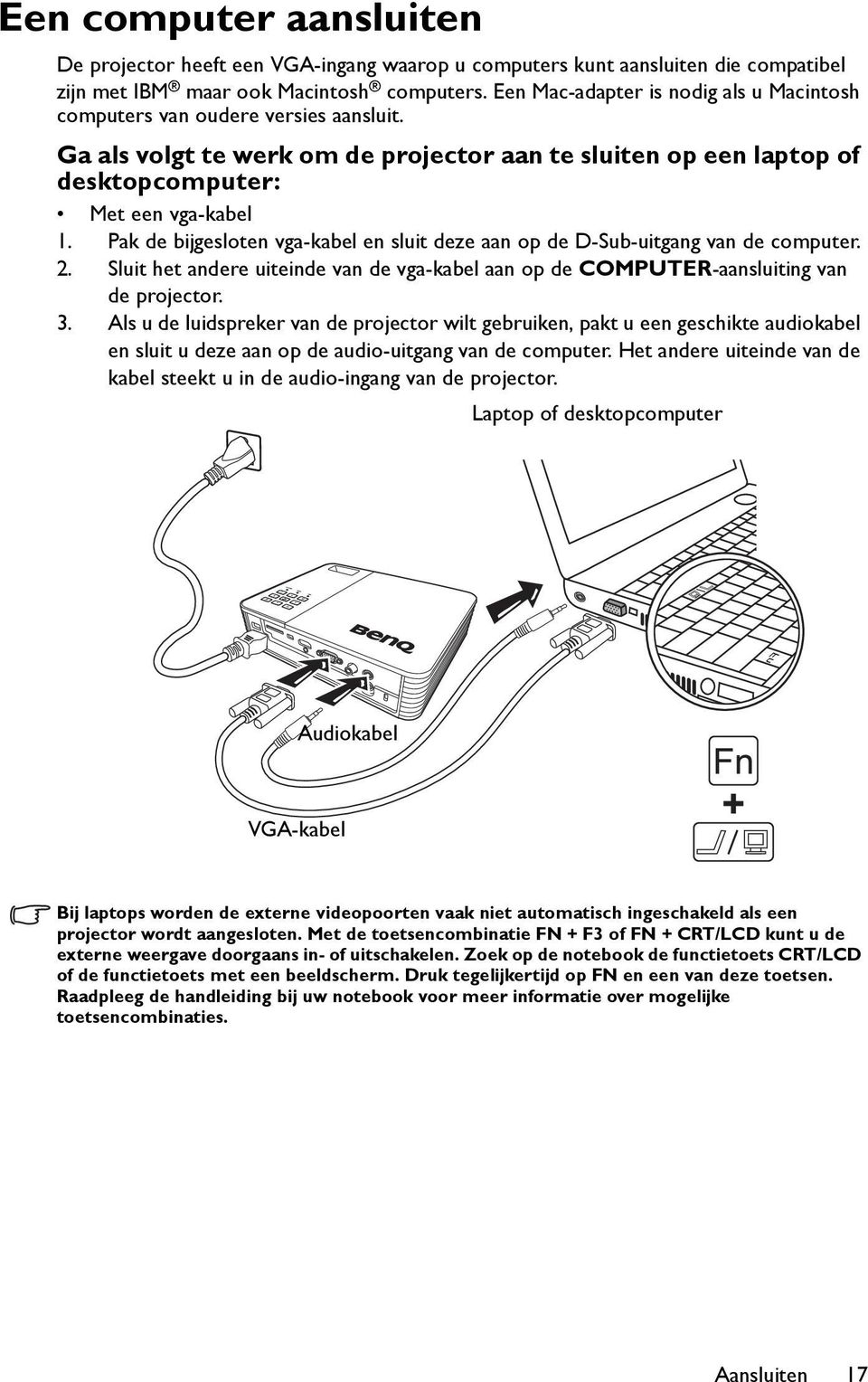 Pak de bijgesloten vga-kabel en sluit deze aan op de D-Sub-uitgang van de computer. 2. Sluit het andere uiteinde van de vga-kabel aan op de COMPUTER-aansluiting van de projector. 3.