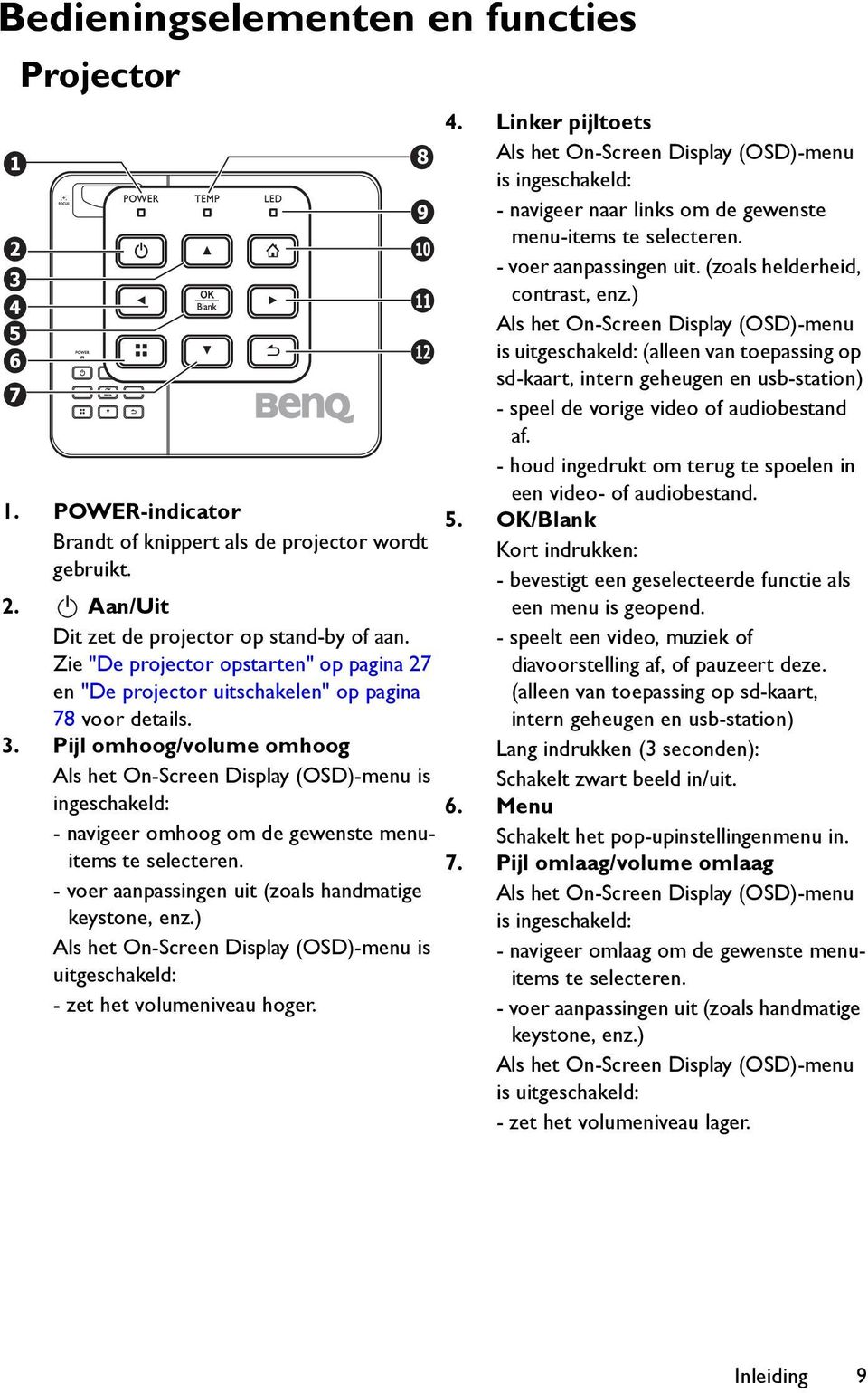 Pijl omhoog/volume omhoog Als het On-Screen Display (OSD)-menu is ingeschakeld: - navigeer omhoog om de gewenste menuitems te selecteren. - voer aanpassingen uit (zoals handmatige keystone, enz.