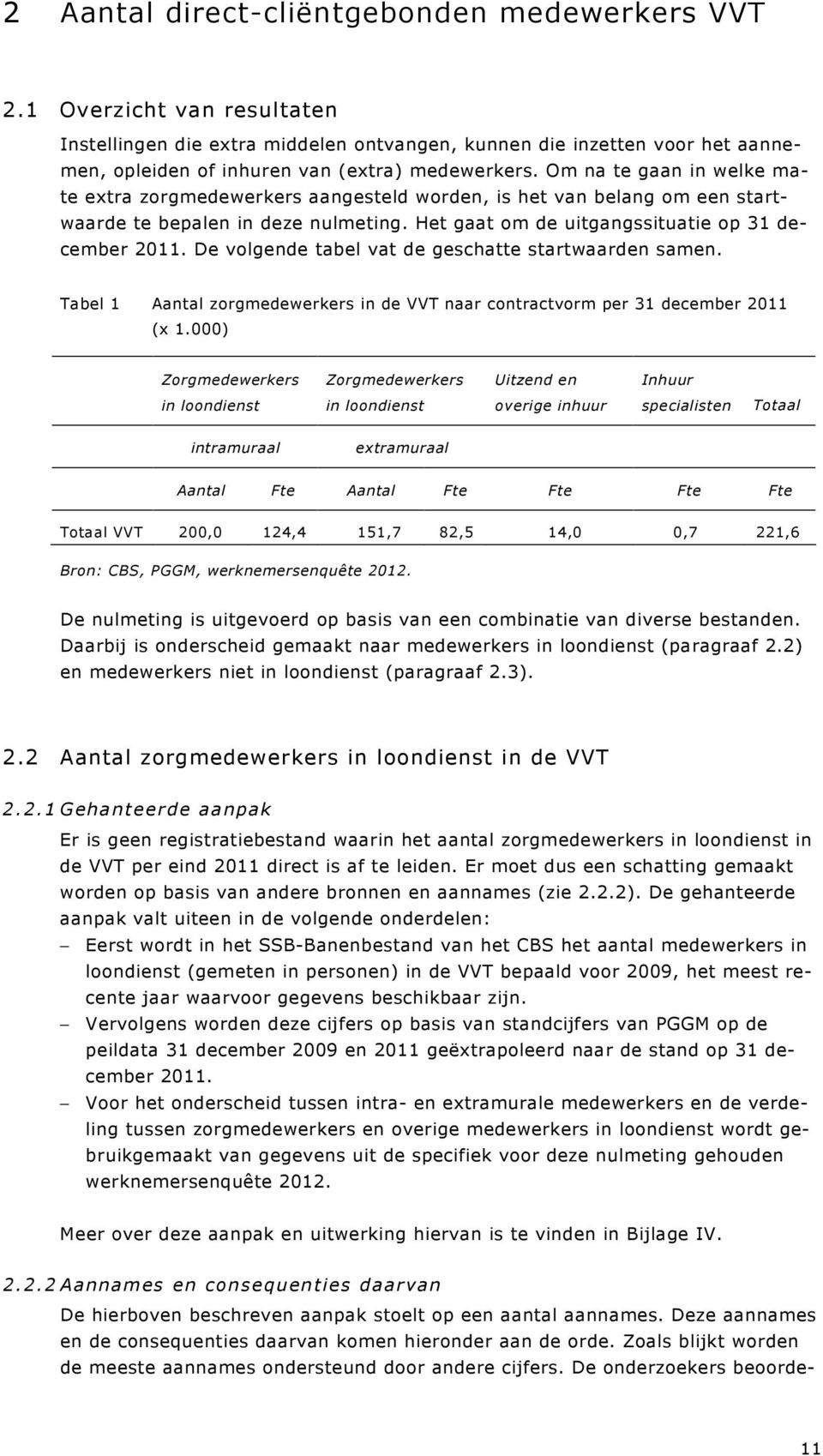 Om na te gaan in welke mate extra zorgmedewerkers aangesteld worden, is het van belang om een startwaarde te bepalen in deze nulmeting. Het gaat om de uitgangssituatie op 31 december 2011.