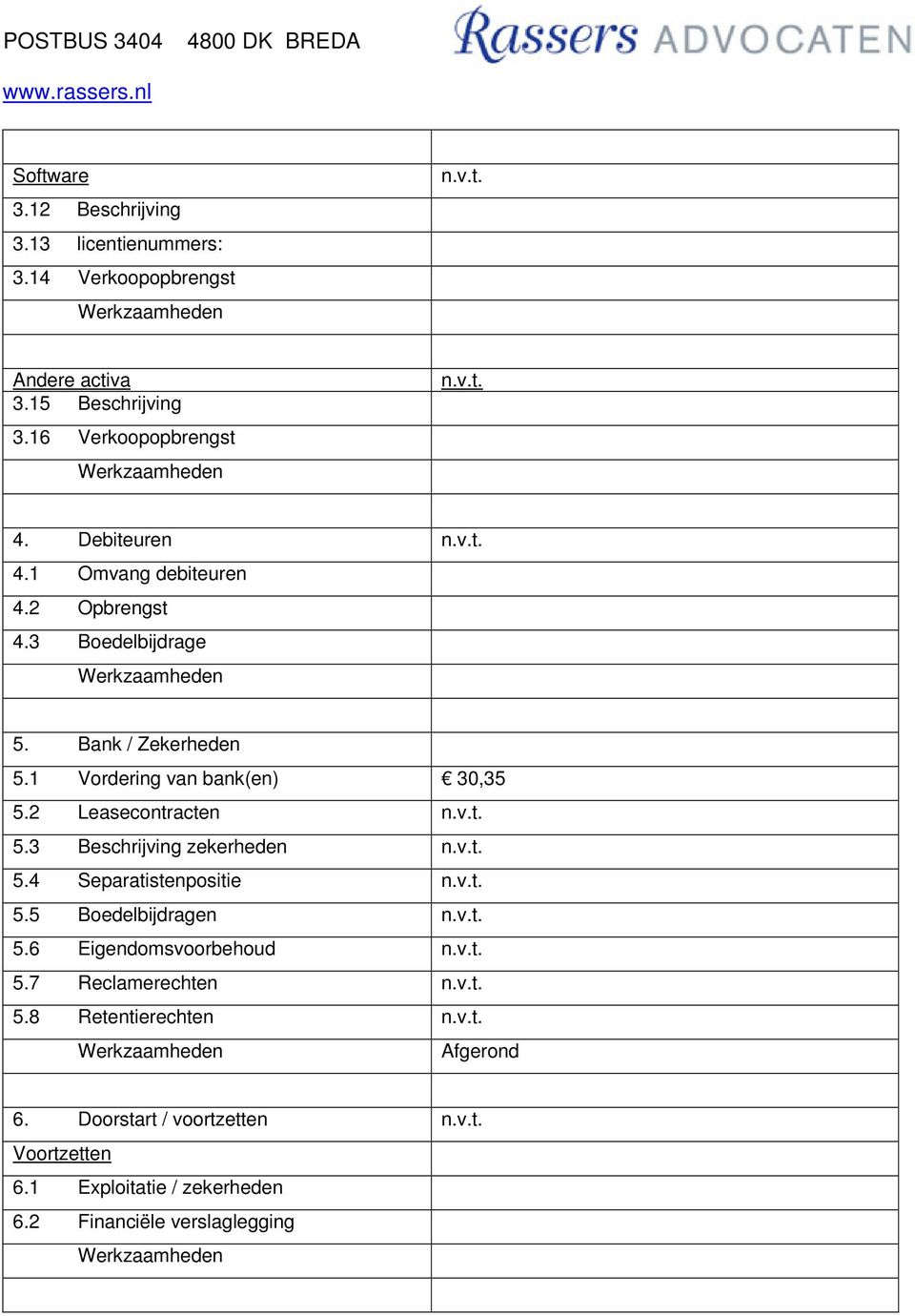 1 Vordering van bank(en) 30,35 5.2 Leasecontracten 5.3 Beschrijving zekerheden 5.4 Separatistenpositie 5.5 Boedelbijdragen 5.