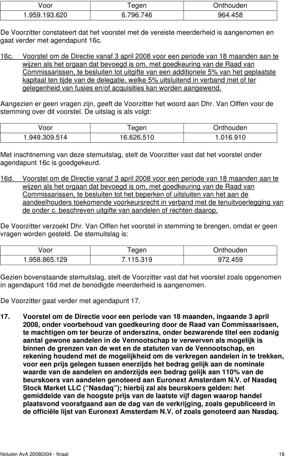 uitgifte van een additionele 5% van het geplaatste kapitaal ten tijde van de delegatie, welke 5% uitsluitend in verband met of ter gelegenheid van fusies en/of acquisities kan worden aangewend.