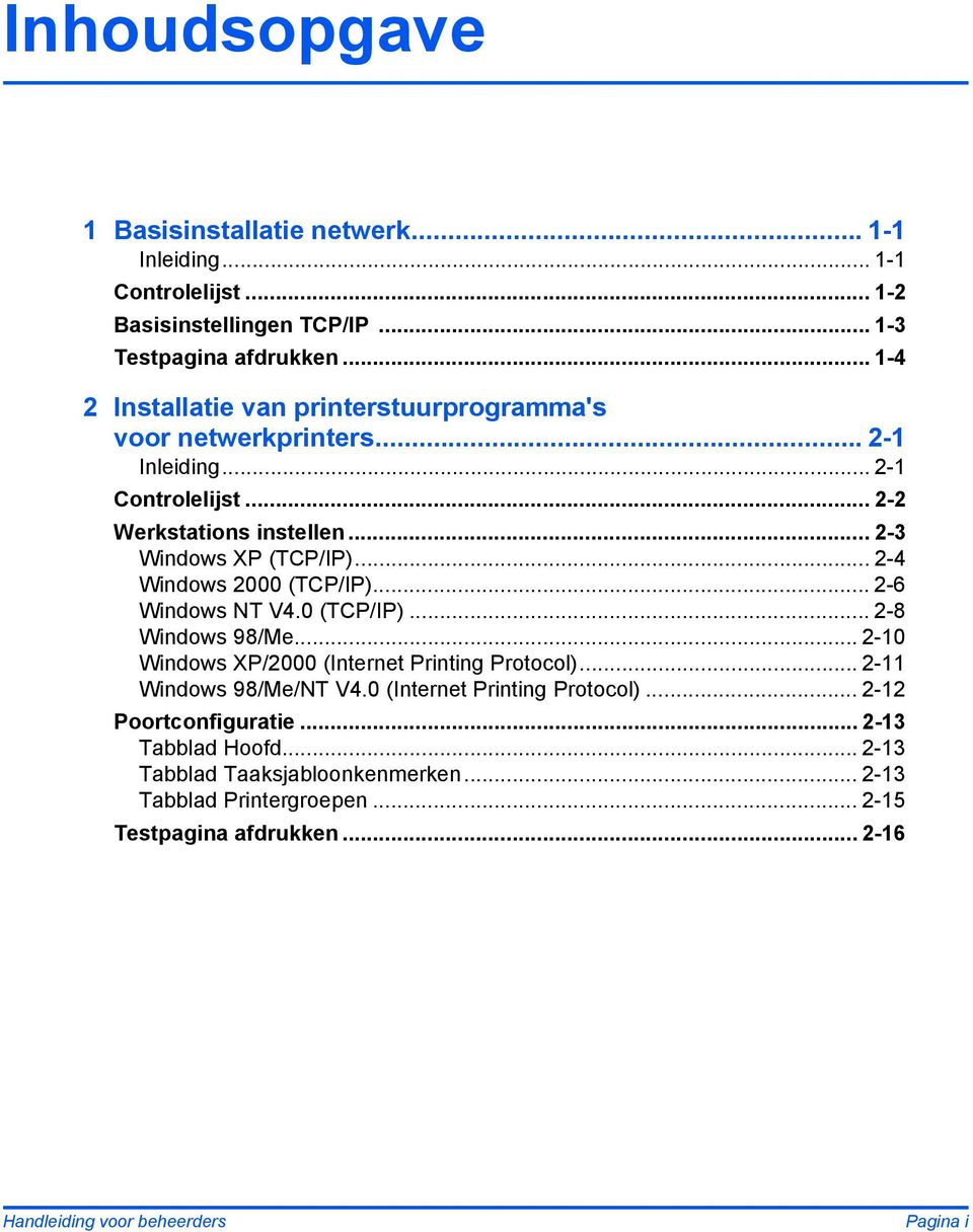 .. 2-4 Windows 2000 (TCP/IP)... 2-6 Windows NT V4.0 (TCP/IP)... 2-8 Windows 98/Me... 2-10 Windows XP/2000 (Internet Printing Protocol)... 2-11 Windows 98/Me/NT V4.