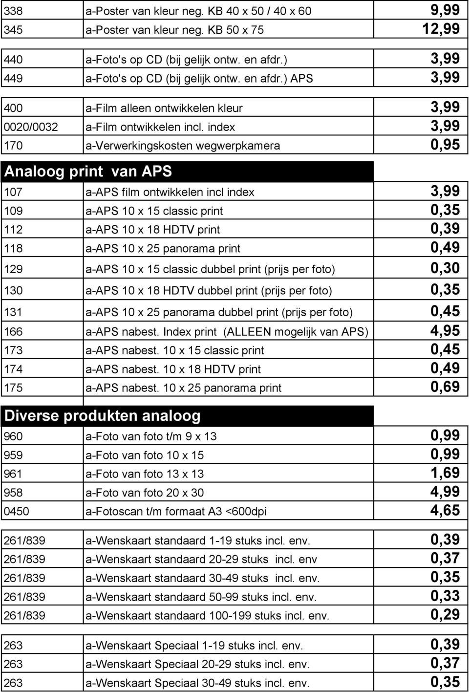 index 3,99 170 a-verwerkingskosten wegwerpkamera 0,95 Analoog print van APS 107 a-aps film ontwikkelen incl index 3,99 109 a-aps 10 x 15 classic print 0,35 112 a-aps 10 x 18 HDTV print 0,39 118 a-aps