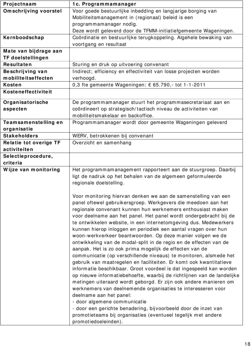 Deze wordt geleverd door de TFMM-initiatiefgemeente Wageningen. Coördinatie en bestuurlijke terugkoppeling.