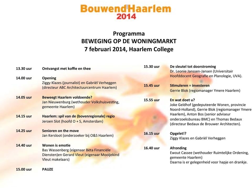 Jan Nieuwenburg (wethouder VolkshuisvesEng, gemeente Haarlem) 14.15 uur Haarlem: spil van de (bovenregionale) regio Jeroen Slot (hoofd O + S, Amsterdam) 14.