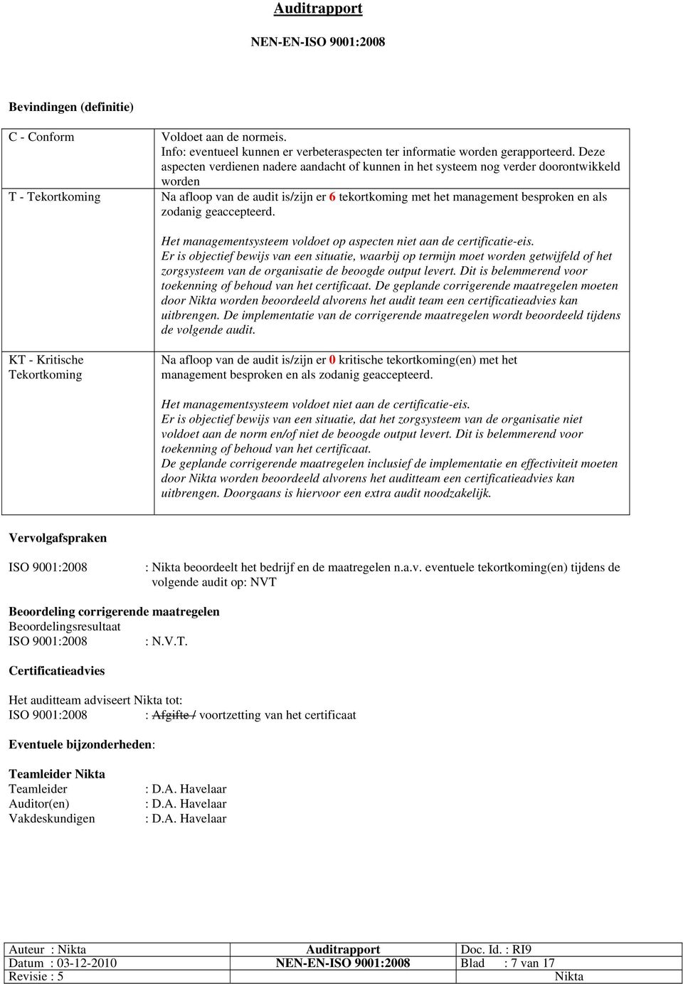 geaccepteerd. Het managementsysteem voldoet op aspecten niet aan de certificatie-eis.