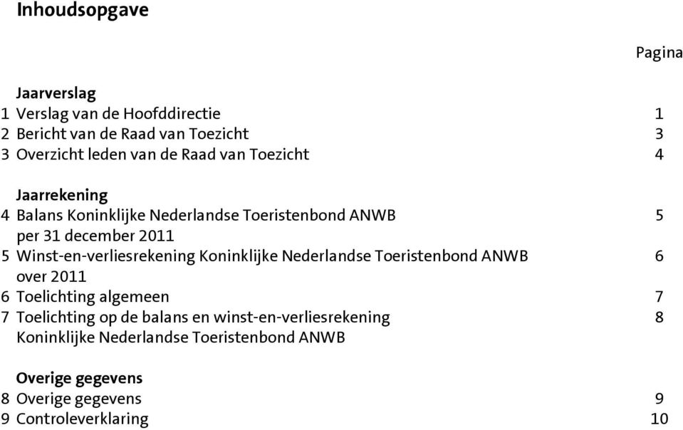 Winst-en-verliesrekening Koninklijke Nederlandse Toeristenbond ANWB 6 over 2011 6 Toelichting algemeen 7 7 Toelichting op de