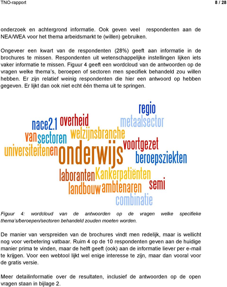 Figuur 4 geeft een wordcloud van de antwoorden op de vragen welke thema s, beroepen of sectoren men specifiek behandeld zou willen hebben.