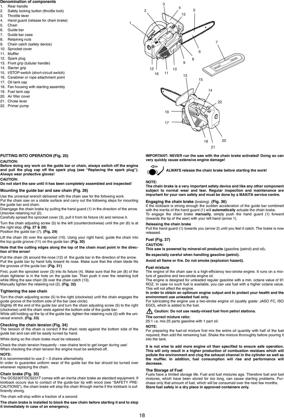 Carabiner or rope attachment point 17. Oil tank cap 18. Fan housing with starting assembly 19. Fuel tank cap 20. Air filter cover 21. Choke lever 22.