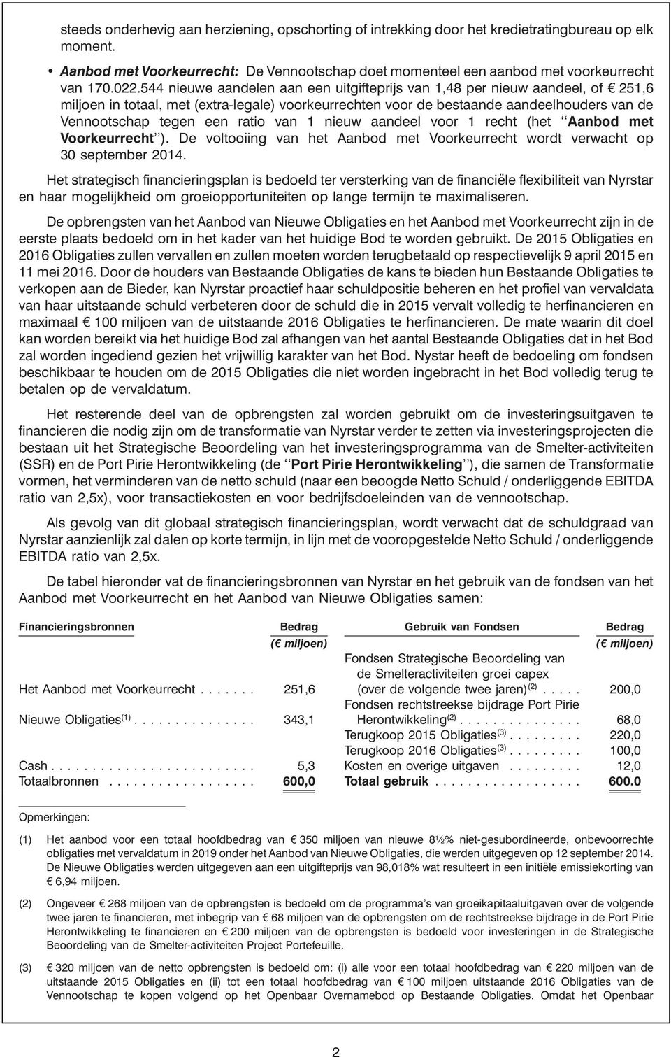 een ratio van 1 nieuw aandeel voor 1 recht (het Aanbod met Voorkeurrecht ). De voltooiing van het Aanbod met Voorkeurrecht wordt verwacht op 30 september 2014.