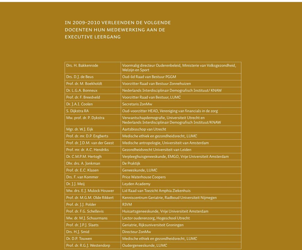 Raad van Bestuur, LUMC Dr JAI Coolen Secretaris ZonMw S Dijkstra RA Oud-voorzitter HEAD, Vereniging van financials in de zorg Mw prof dr P Dykstra Verwantschapdemografie, Universiteit Utrecht en