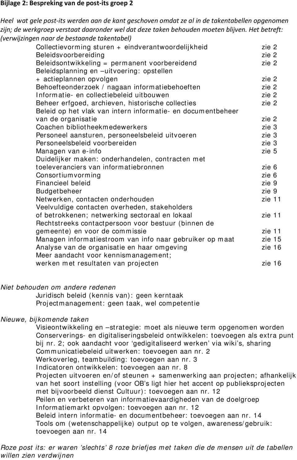 Het betreft: (verwijzingen naar de bestaande takentabel) Collectievorming sturen + eindverantwoordelijkheid zie 2 Beleidsvoorbereiding zie 2 Beleidsontwikkeling = permanent voorbereidend zie 2