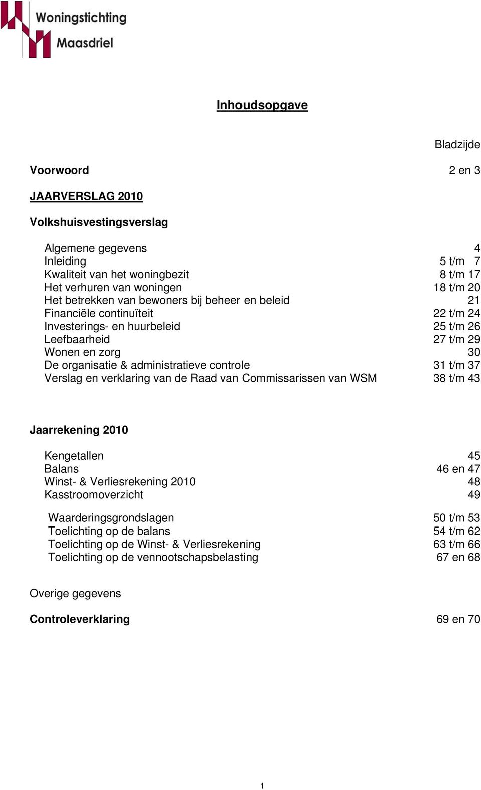 controle 31 t/m 37 Verslag en verklaring van de Raad van Commissarissen van WSM 38 t/m 43 Jaarrekening 2010 Kengetallen 45 Balans 46 en 47 Winst- & Verliesrekening 2010 48 Kasstroomoverzicht 49