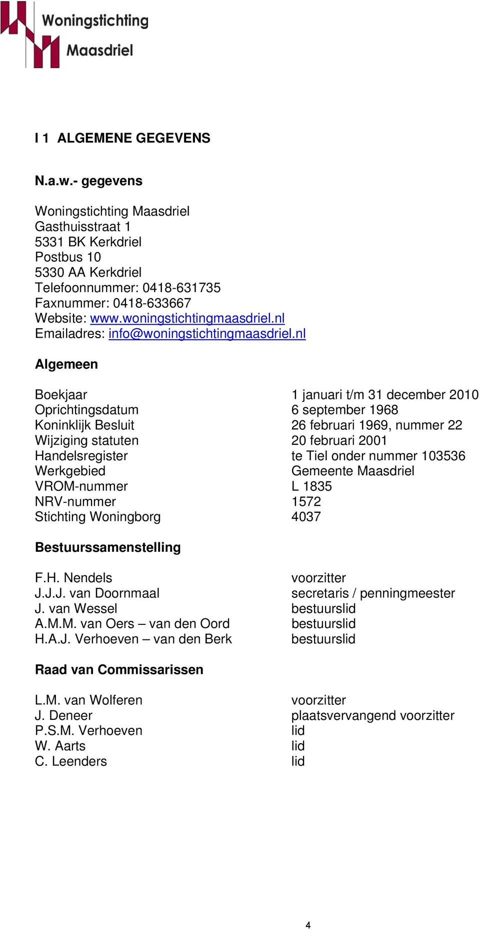 nl Algemeen Boekjaar 1 januari t/m 31 december 2010 Oprichtingsdatum 6 september 1968 Koninklijk Besluit 26 februari 1969, nummer 22 Wijziging statuten 20 februari 2001 Handelsregister te Tiel onder