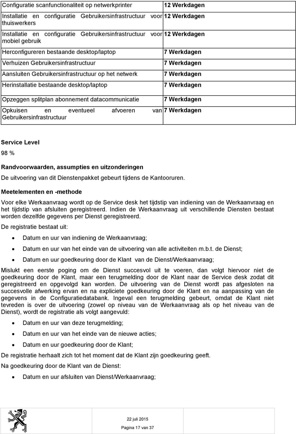 en eventueel afveren van Gebruikersinfrastructuur 12 Werkdagen 12 Werkdagen 12 Werkdagen 7 Werkdagen 7 Werkdagen 7 Werkdagen 7 Werkdagen 7 Werkdagen 7 Werkdagen Service Level 98 % Randvrwaarden,