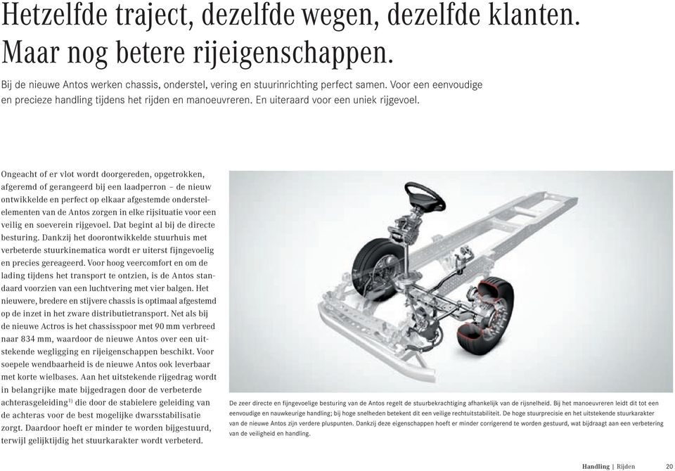 Ongeacht of er vlot wordt doorgereden, opgetrokken, afgeremd of gerangeerd bij een laadperron de nieuw ontwikkelde en perfect op elkaar afgestemde onderstelelementen van de Antos zorgen in elke