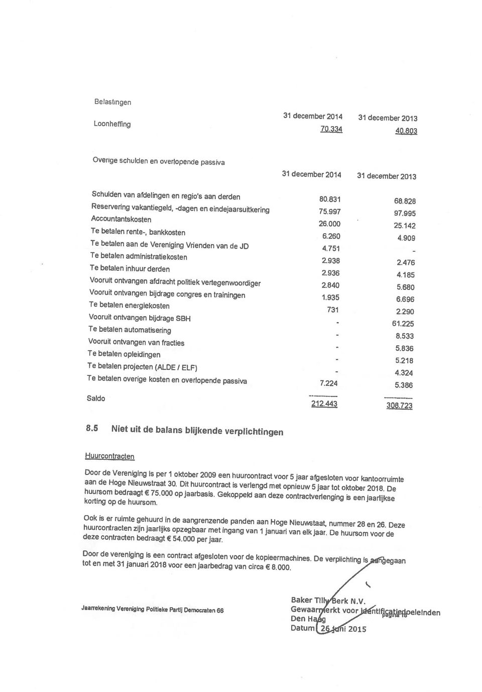 tot en met 31januari2018 voor een jaarbedrag van circa 8.000. Door de vereniging is een contract afgesloten voor de kopieermachines. De verplichting Is egaan deze contracten bedraagt 54.000 per jaar.