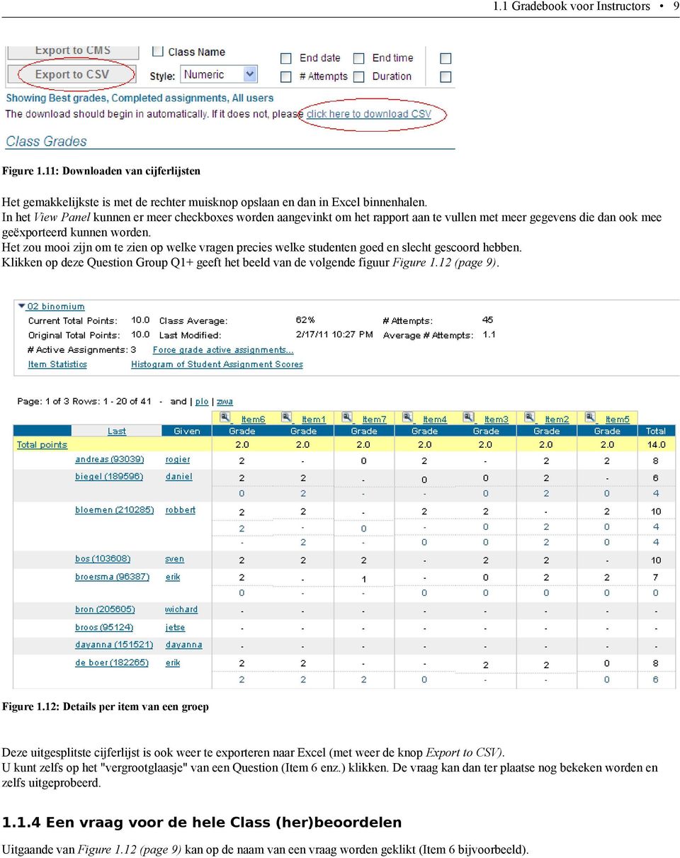 Het zou mooi zijn om te zien op welke vragen precies welke studenten goed en slecht gescoord hebben. Klikken op deze Question Group Q1+ geeft het beeld van de volgende figuur Figure 1.12 (page 9).