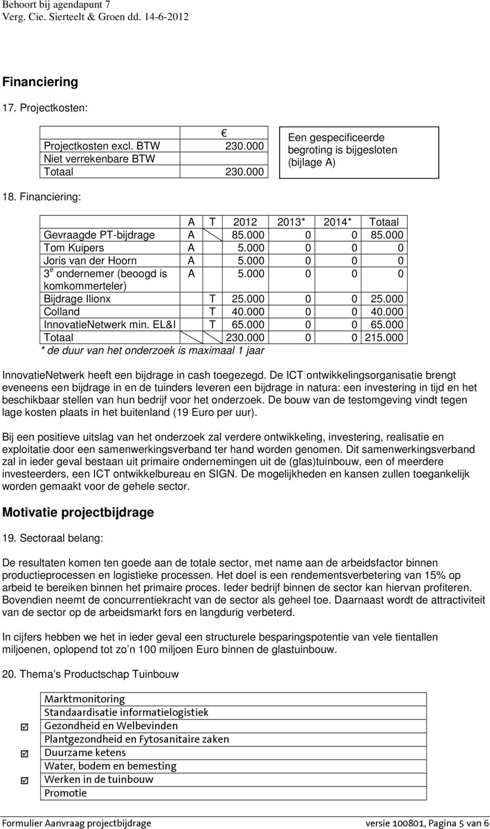 000 0 0 0 komkommerteler) Bijdrage Ilionx T 25.000 0 0 25.000 Colland T 40.000 0 0 40.000 InnovatieNetwerk min. EL&I T 65.000 0 0 65.000 Totaal 230.000 0 0 215.