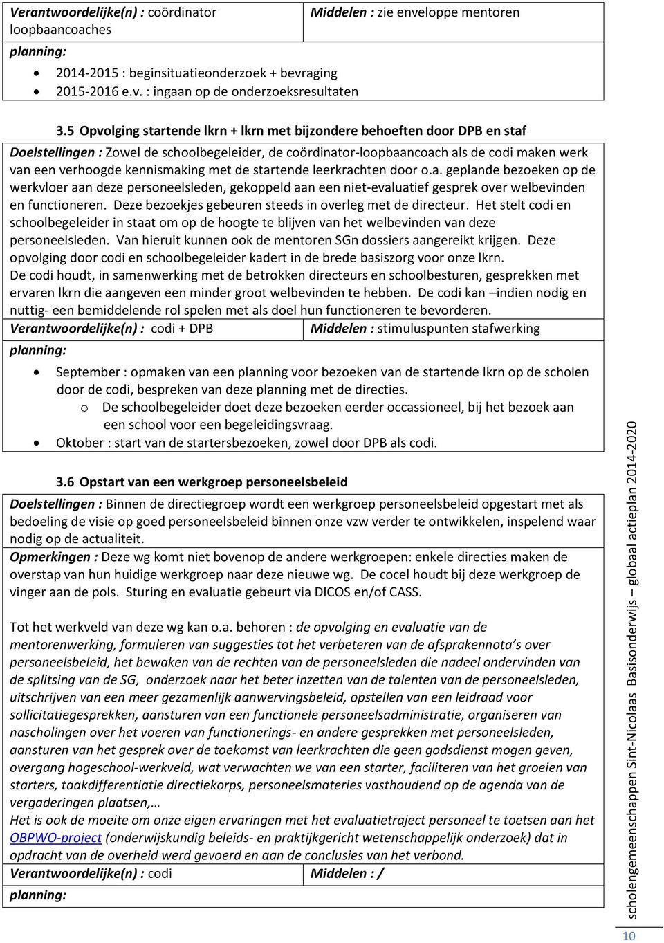 kennismaking met de startende leerkrachten door o.a. geplande bezoeken op de werkvloer aan deze personeelsleden, gekoppeld aan een niet-evaluatief gesprek over welbevinden en functioneren.