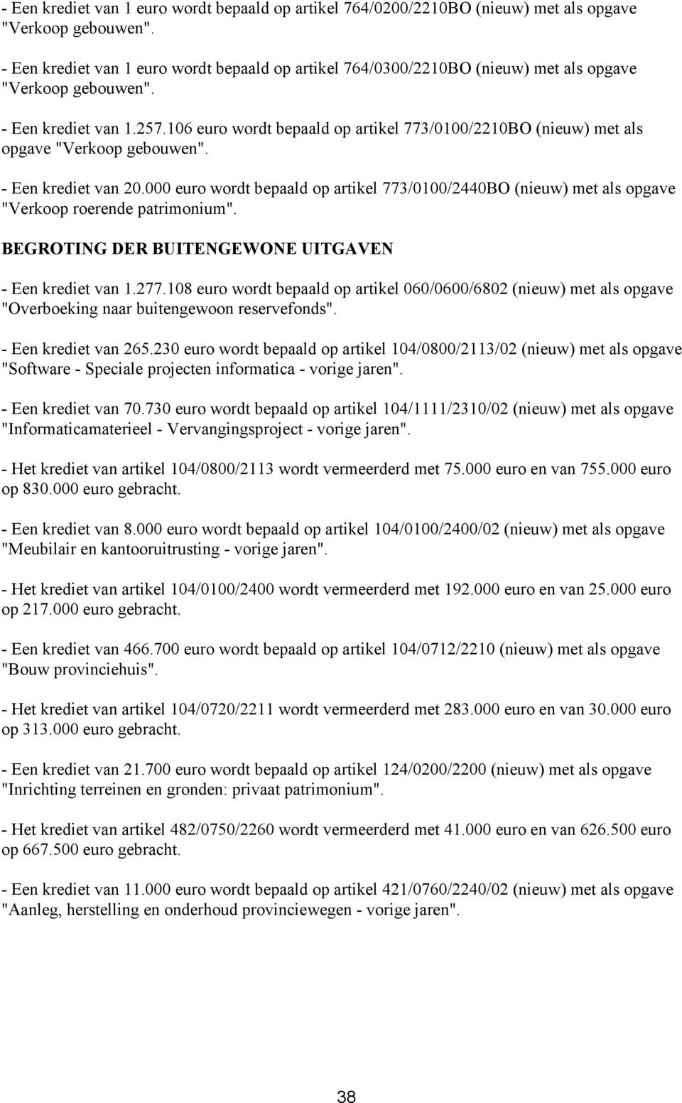 106 euro wordt bepaald op artikel 773/0100/2210BO (nieuw) met als opgave "Verkoop gebouwen". - Een krediet van 20.