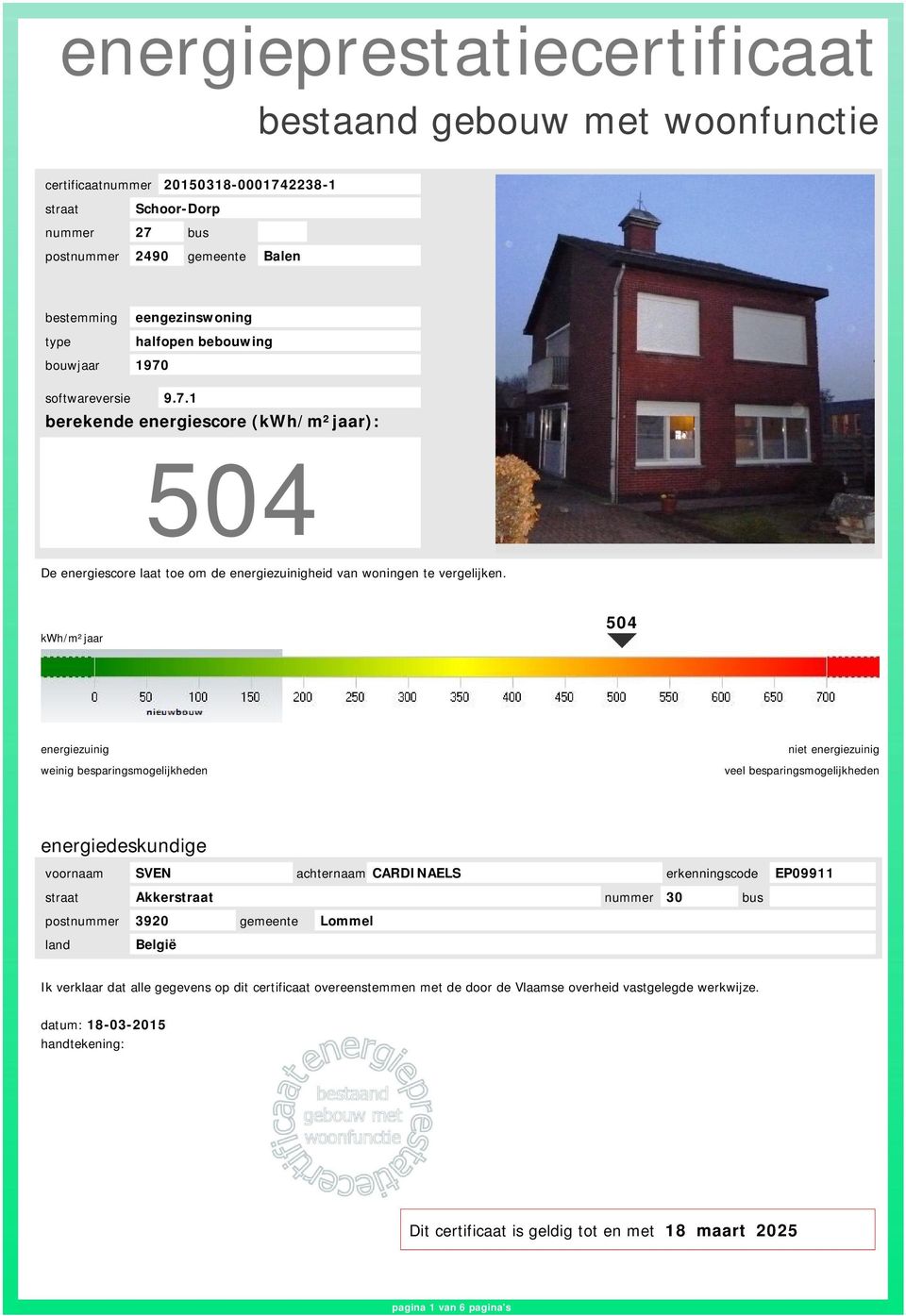 kwh/m²ar 504 energiezuinig weinig besparingsmogelijkheden niet energiezuinig veel besparingsmogelijkheden energiedeskundige voornaam SVEN achternaam CARDINAELS erkenningscode EP09911 straat