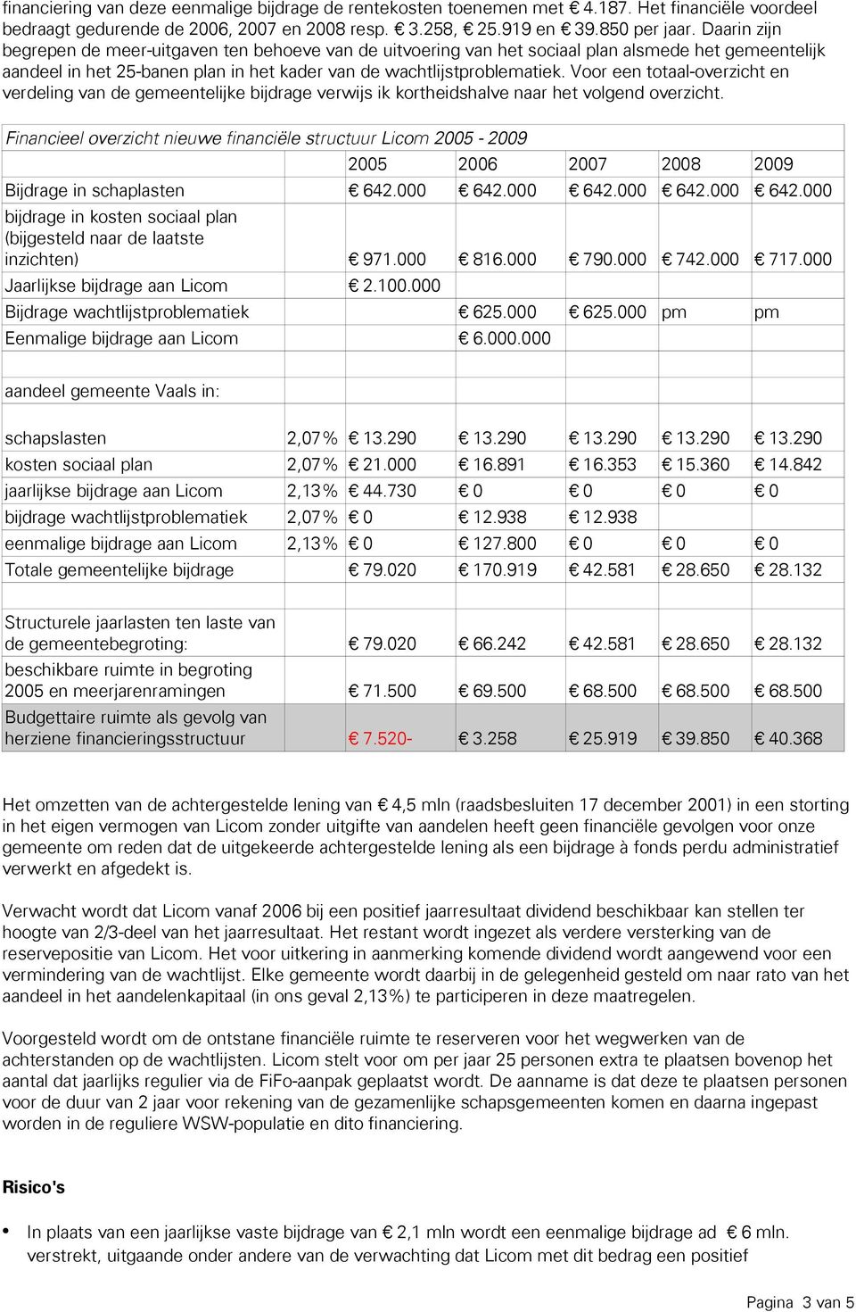 Voor een totaal-overzicht en verdeling van de gemeentelijke bijdrage verwijs ik kortheidshalve naar het volgend overzicht.