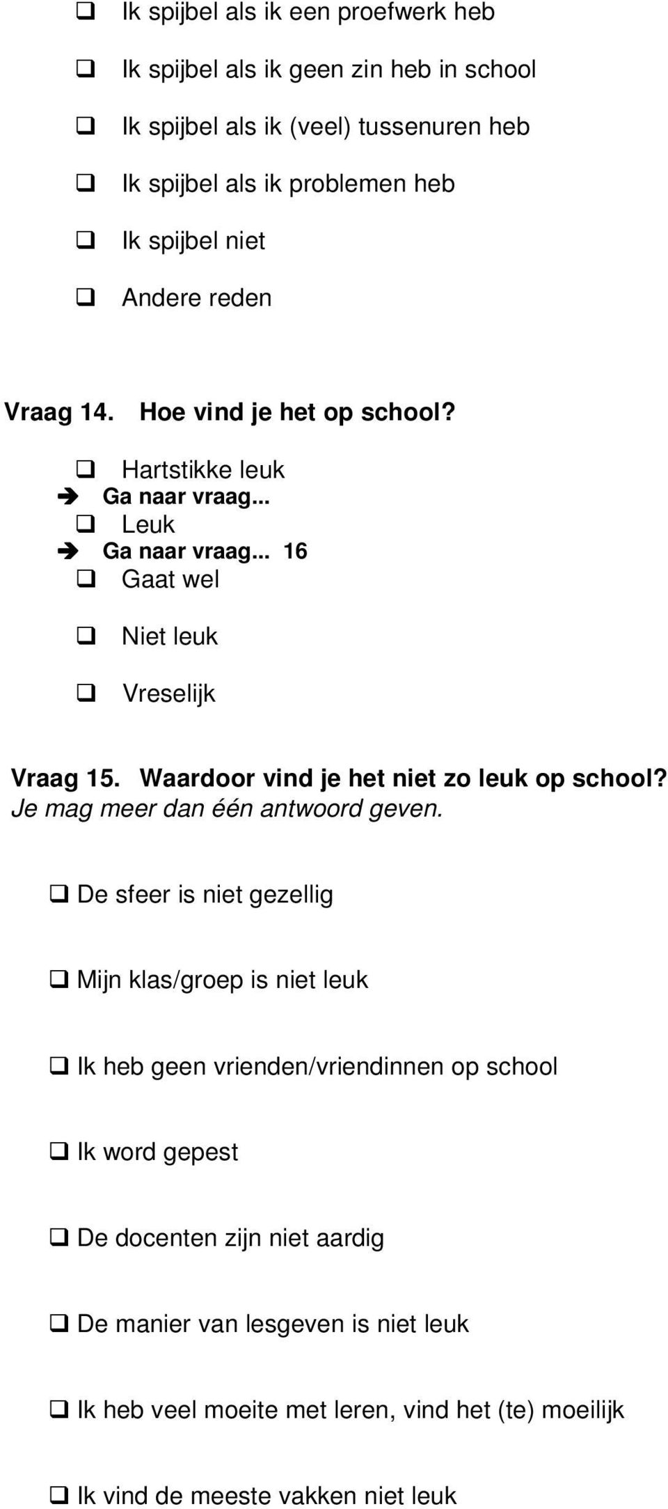 Waardoor vind je het niet zo leuk op school? Je mag meer dan één antwoord geven.