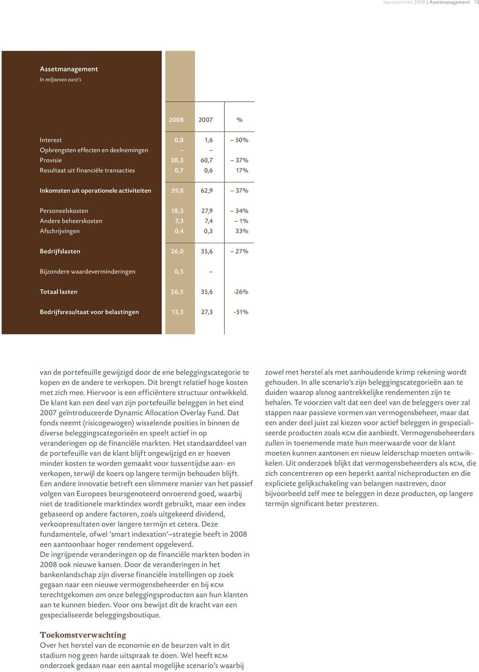 waardeverminderingen 0,5 Totaal lasten 26,5 35,6-26% Bedrijfsresultaat voor belastingen 13,3 27,3-51% van de portefeuille gewijzigd door de ene beleggingscategorie te kopen en de andere te verkopen.