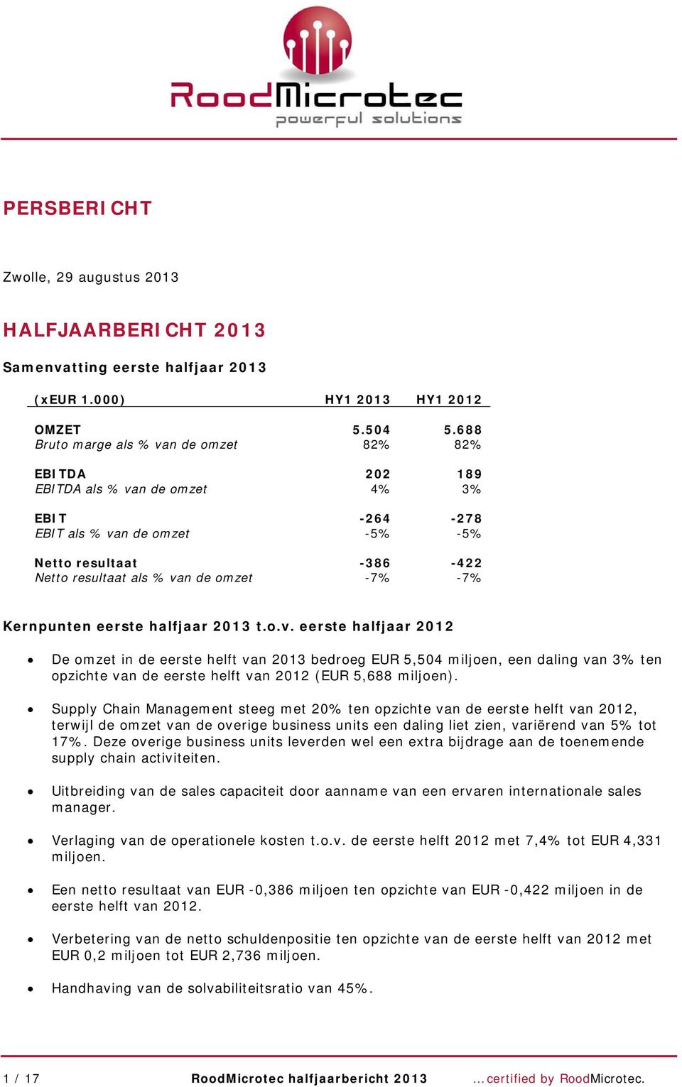 -7% Kernpunten eerste halfjaar 2013 t.o.v.
